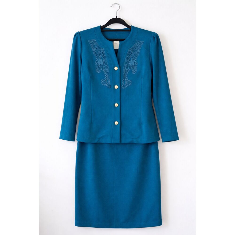 Vintage 80s Teal Skirt Suit Set Deadstock Lace Jacket Modest Church Suit Retro